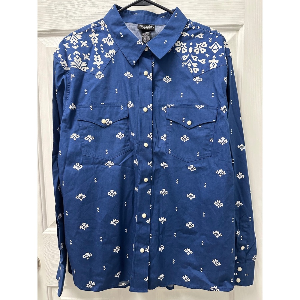 Wrangler Retro Mens Blue Geometric Floral Western Pearl Snap Front Shirt XL